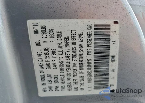 2010 Honda Accord Exl from USA, damaged, VIN 1HGCS2B82AA010127